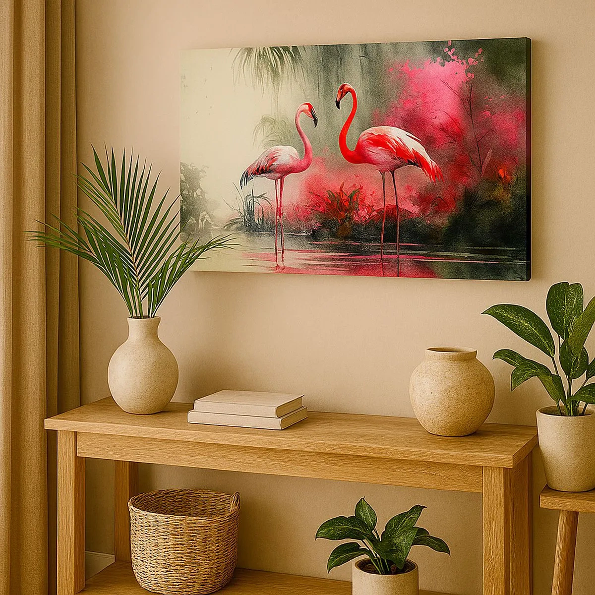 Quadro su tela - Stampe su Tela - Fenicotteri in riva all'acqua circondati dalla vegetazione - 70x50cm - Lezione di naturale eleganza - Decorazione murale moderna per soggiorno e camera da letto ARTTOR