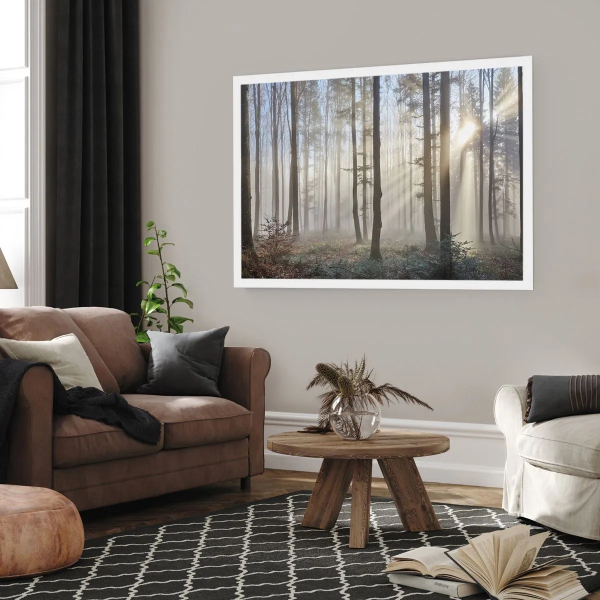 Poster - Una foresta in una leggera nebbia con raggi di sole che brillano attraverso gli alberi - 100x70cm - Anche la nebbia si è svegliata - Decorazione murale moderna per soggiorno e camera da letto ARTTOR