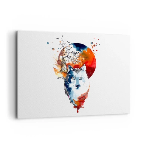 Quadro su tela - Stampe su Tela - Dipinto astratto ad acquerello di un lupo contro una luna rossa - 100x70cm - Naso a naso con la notte - Decorazione murale moderna per soggiorno e camera da letto ARTTOR