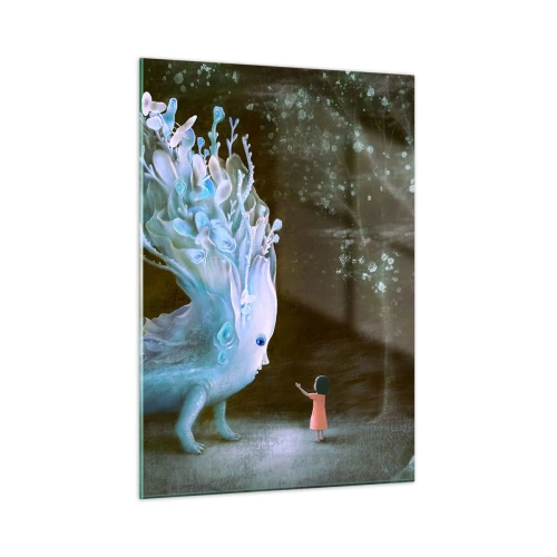 Quadro su vetro - Una ragazza incontra una creatura magica nella foresta. - 50x70cm - Incontro fantastico - Decorazione murale moderna per soggiorno e camera da letto ARTTOR