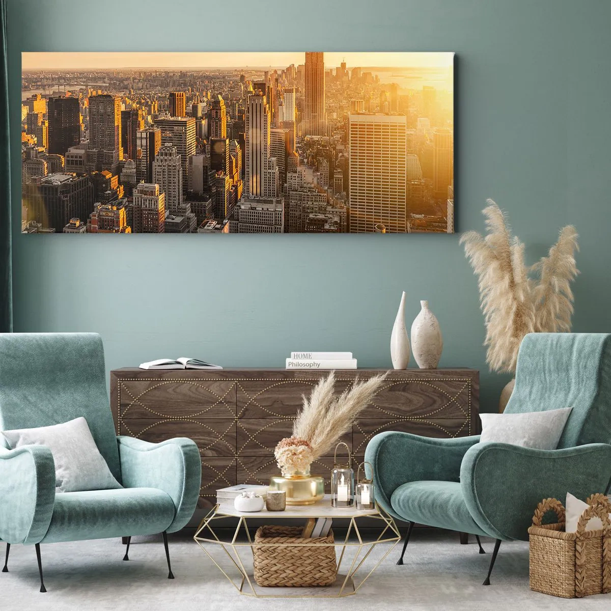 Quadro su tela - Stampe su Tela - Skyline di New York City al tramonto con vista sull'Empire State Building - 120x50cm - Crescere al sole - Decorazione murale moderna per soggiorno e camera da letto ARTTOR