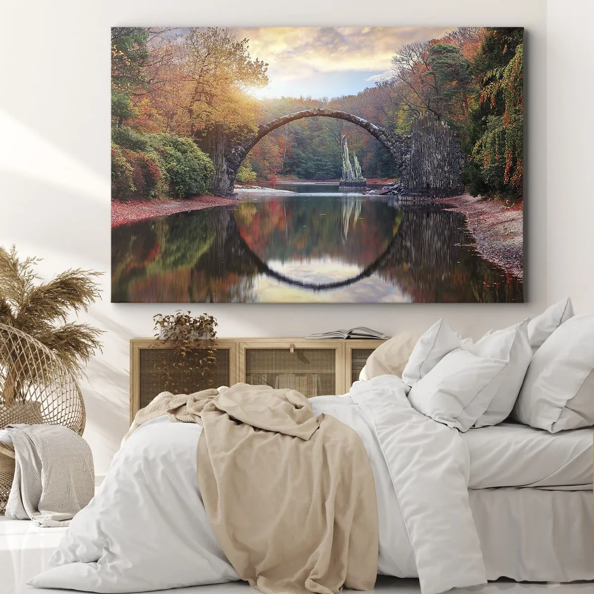 Quadro su tela - Stampe su Tela - Un ponte di pietra in uno scenario autunnale sopra acque calme - 120x80cm - Dall'altro lato dello specchio - Decorazione murale moderna per soggiorno e camera da letto ARTTOR