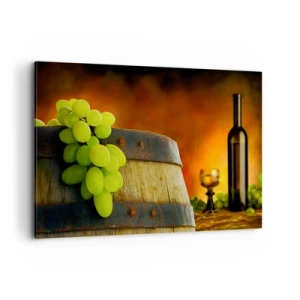 Quadro su tela - Stampe su Tela - Uva su una botte di vino con uno schema di colori caldi sullo sfondo - 120x80cm - Natura morta con bottiglia di vino e acini d'uva - Decorazione murale moderna per soggiorno e camera da letto ARTTOR