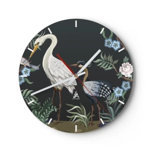 Orologio da parete - Orologio in Vetro - Uccelli decorativi tra le piante su uno sfondo scuro - 30x30cm - La parata degli uccelli - Decorazione murale moderna per soggiorno, cucina e camera da letto ARTTOR