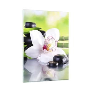 Quadro su vetro - Orchidea, bambù e pietre nere su sfondo verde - 50x70cm - Freschezza rinfrescante - Decorazione murale moderna per soggiorno e camera da letto ARTTOR