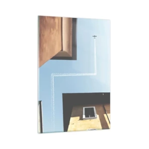 Quadro su vetro - Vista dell'aereo e della sua scia nel cielo da una prospettiva stradale - 80x120cm - Sopra il labirinto urbano - Decorazione murale moderna per soggiorno e camera da letto ARTTOR