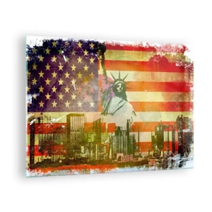 Quadro su vetro - Bandiera degli Stati Uniti con la sagoma della Statua della Libertà e il paesaggio urbano - 70x50cm - Viva l'America! - Decorazione murale moderna per soggiorno e camera da letto ARTTOR