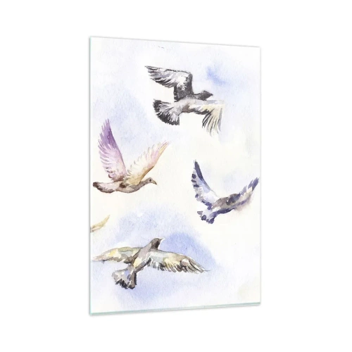 Quadro su vetro - Uccelli acquerellati in volo contro un cielo delicato - 80x120cm - Libertà in grigio e blu - Decorazione murale moderna per soggiorno e camera da letto ARTTOR