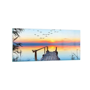 Quadro su vetro - Molo di legno sul lago al tramonto - 120x50cm - Il tempo del ritorno - Decorazione murale moderna per soggiorno e camera da letto ARTTOR