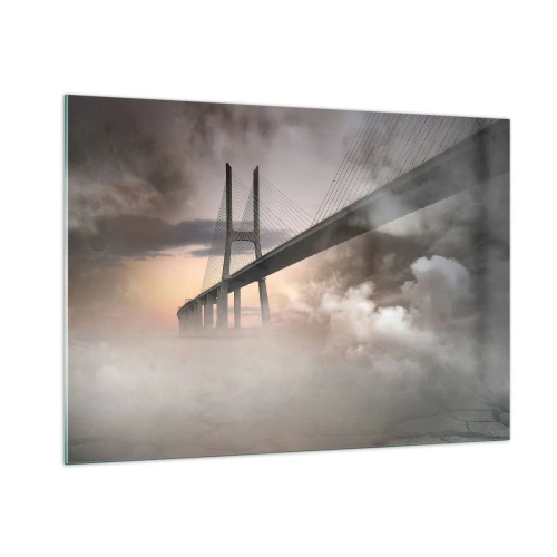 Quadro su vetro - Un ponte nella nebbia con un cielo spettacolare e una prospettiva di profondità - 100x70cm - Sul fiume che non c'è - Decorazione murale moderna per soggiorno e camera da letto ARTTOR