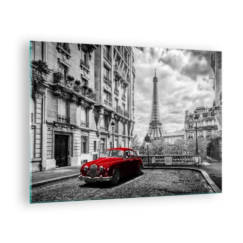 Quadro su vetro - Auto rossa davanti alla Torre Eiffel nella Parigi in bianco e nero - 70x50cm - Predatore in città - Decorazione murale moderna per soggiorno e camera da letto ARTTOR