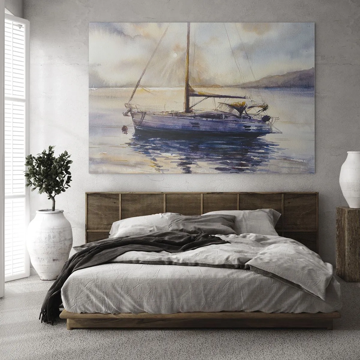Quadro su vetro - Uno yacht ormeggiato in una baia tranquilla al tramonto - 70x50cm - La sera nel golfo - Decorazione murale moderna per soggiorno e camera da letto ARTTOR