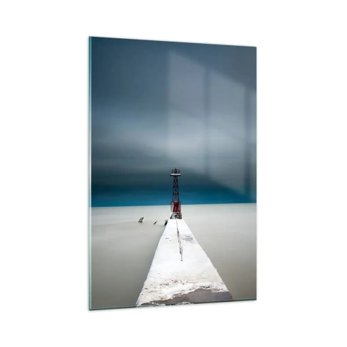 Quadro su vetro - Un faro alla fine di un molo di cemento in un paesaggio desolato - 80x120cm - Incontrando l'infinito - Decorazione murale moderna per soggiorno e camera da letto ARTTOR