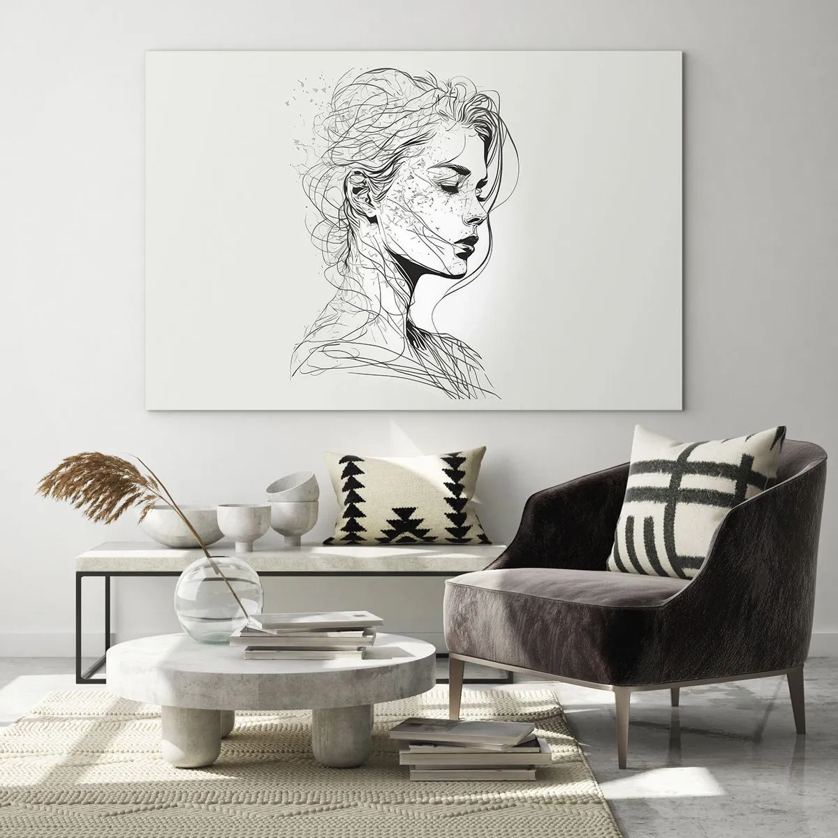 Quadro su vetro - Uno schizzo in bianco e nero di una donna con gli occhi chiusi in una linea delicata. - 70x50cm - Ritratto pensieroso - Decorazione murale moderna per soggiorno e camera da letto ARTTOR
