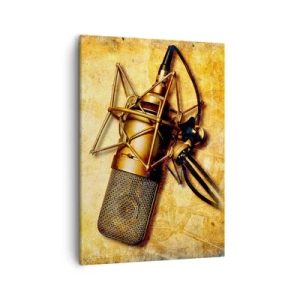 Quadro su tela - Stampe su Tela - Un microfono da studio dorato su uno sfondo vintage dai toni caldi. - 50x70cm - Gli anni d'oro della radio - Decorazione murale moderna per soggiorno e camera da letto ARTTOR