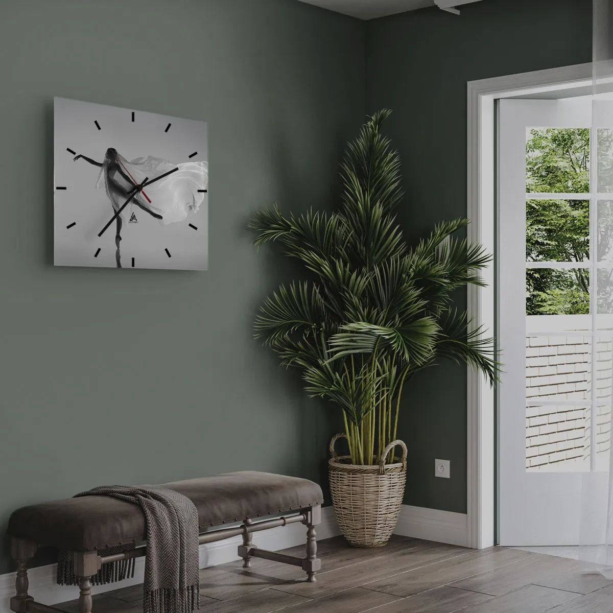 Orologio da parete - Orologio in Vetro - Una ballerina in una posa eterea con tessuto fluido - 30x30cm - Leggerezza ed eleganza - Decorazione murale moderna per soggiorno e camera da letto ARTTOR