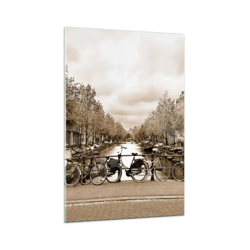 Quadro su vetro - Ponte ciclabile sul canale in seppia - 70x100cm - Atmosfera olandese - Decorazione murale moderna per soggiorno e camera da letto ARTTOR