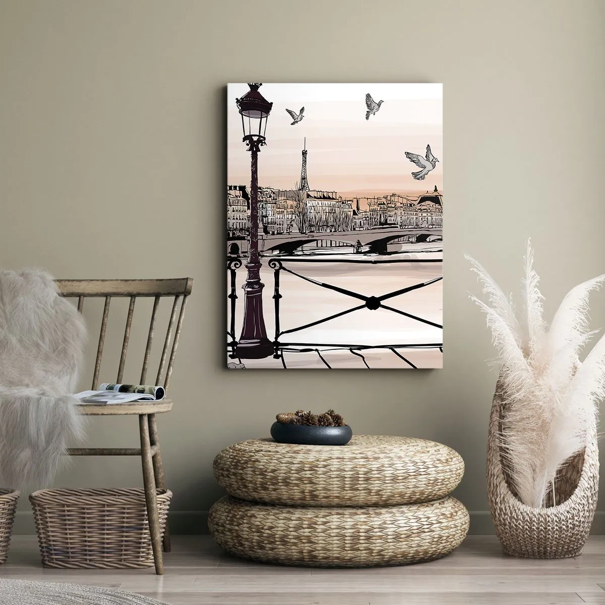 Quadro su tela - Stampe su Tela - Veduta parigina con lanterna e ponte - 50x70cm - Sui tetti di Parigi - Decorazione murale moderna per soggiorno e camera da letto ARTTOR