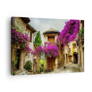 Quadro su tela - Stampe su Tela - Una strada di pietra con fiori rosa e case - 70x50cm - Sotto un baldacchino di fiori - Decorazione murale moderna per soggiorno e camera da letto ARTTOR