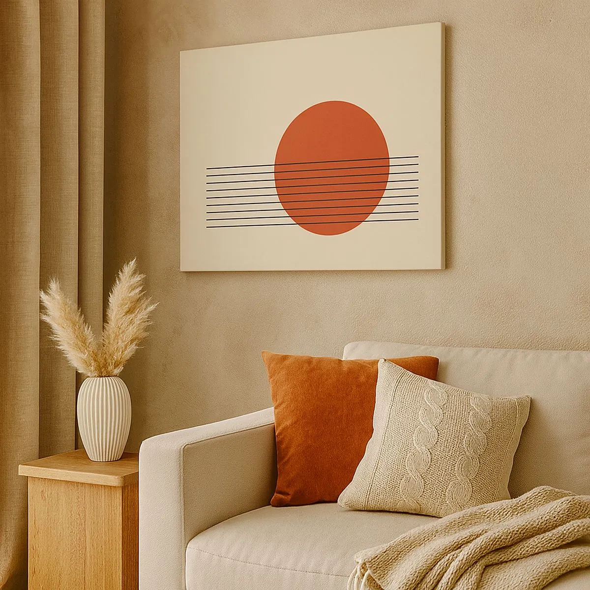 Quadro su tela - Stampe su Tela - Cerchio rosso astratto con linee su sfondo beige. - 70x50cm - Nel cerchio e oltre - Decorazione murale moderna per soggiorno e camera da letto ARTTOR