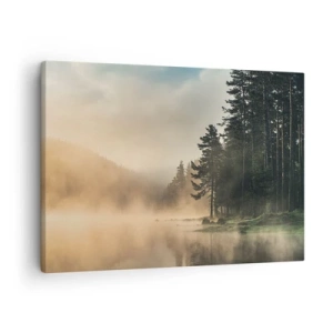 Quadro su tela - Stampe su Tela - Una foresta nebbiosa sopra un lago calmo - 70x50cm - La nascita del giorno - Decorazione murale moderna per soggiorno e camera da letto ARTTOR