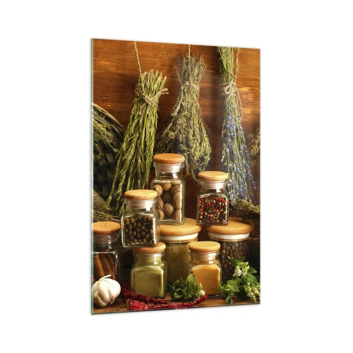 Quadro su vetro - Erbe e spezie in barattoli su uno sfondo rustico - 70x100cm - Magie di cucina - Decorazione murale moderna per soggiorno e camera da letto ARTTOR