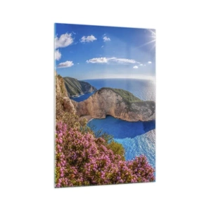 Quadro su vetro - Una scogliera con fiori, un mare turchese e un soleggiato paesaggio greco - 70x100cm - Le mie grosse vacanze greche - Decorazione murale moderna per soggiorno e camera da letto ARTTOR