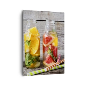 Quadro su tela - Stampe su Tela - Bottiglie di acqua alla frutta ed erbe aromatiche su uno sfondo di legno - 50x70cm - Sani di natura - Decorazione murale moderna per soggiorno e camera da letto ARTTOR