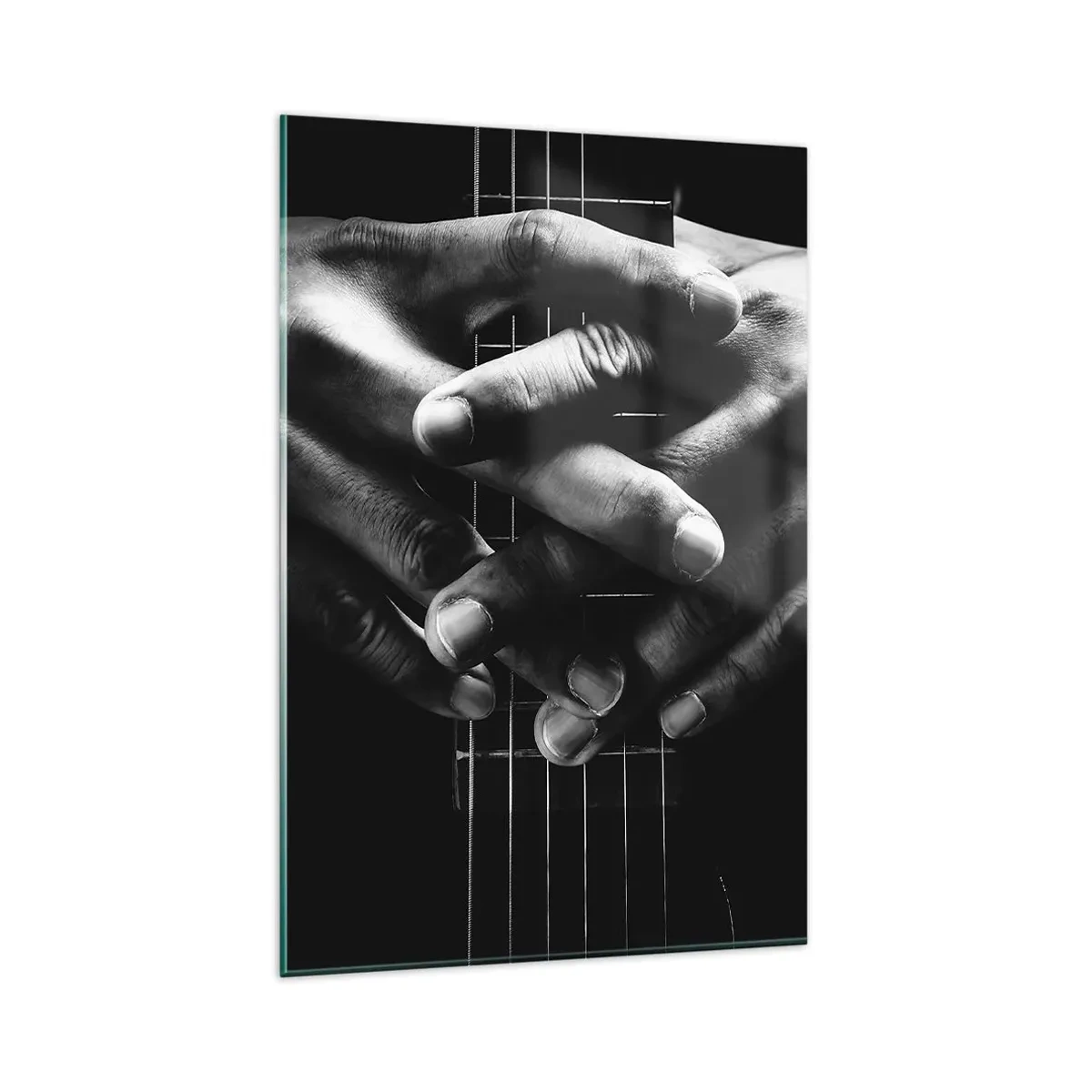 Quadro su vetro - Mani giunte su una chitarra in un tono monocromatico - 80x120cm - La preghiera dell'artista - Decorazione murale moderna per soggiorno e camera da letto ARTTOR