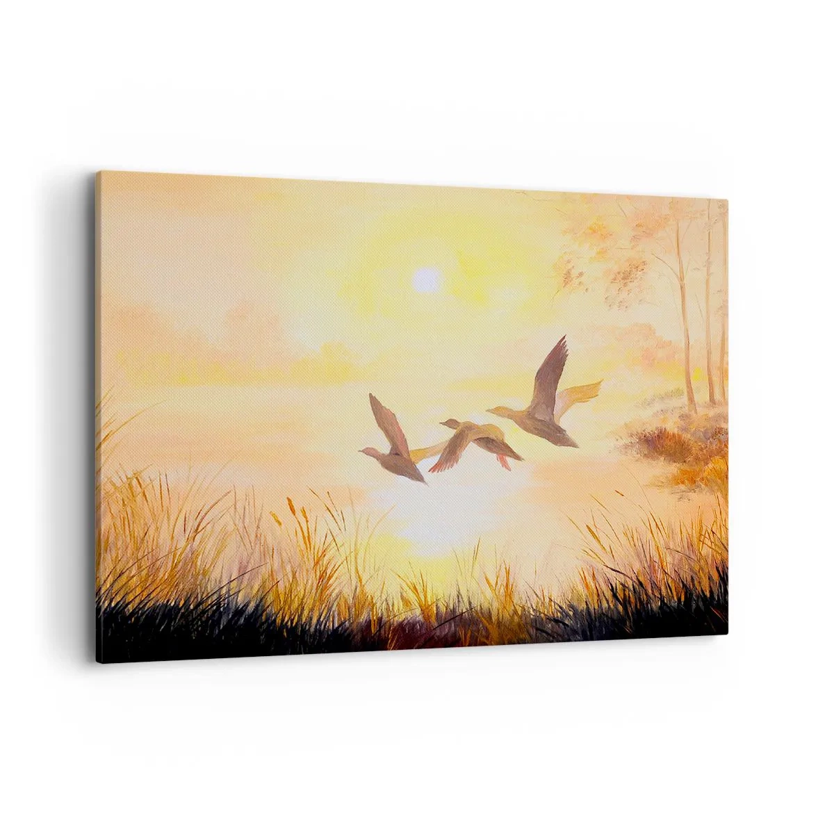 Quadro su tela - Stampe su Tela - Anatre che volano all'alba sul lago - 100x70cm - L'inizio di un lungo viaggio - Decorazione murale moderna per soggiorno e camera da letto ARTTOR