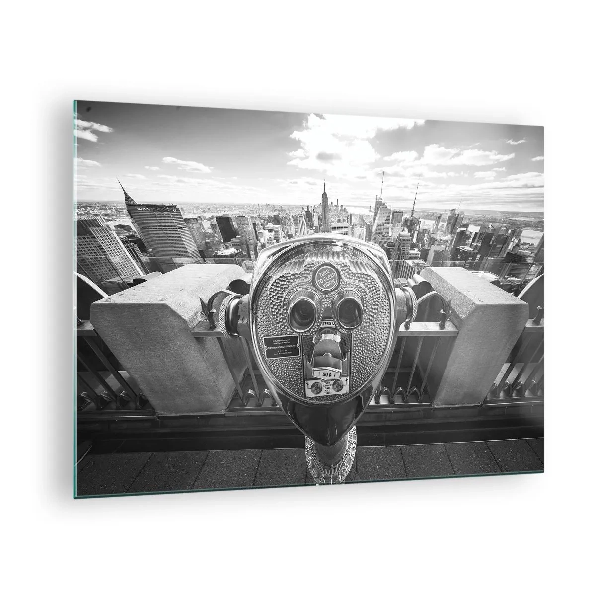 Quadro su vetro - Vista in bianco e nero di New York con un telescopio di osservazione - 70x50cm - Il centro del mondo - Decorazione murale moderna per soggiorno e camera da letto ARTTOR