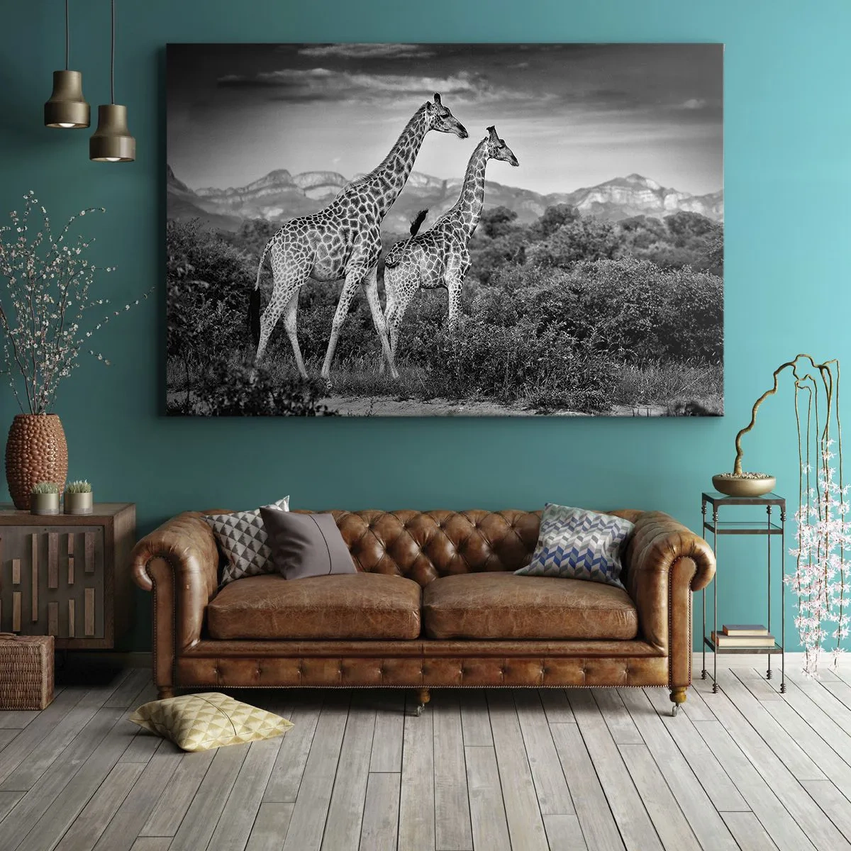 Quadro su tela - Stampe su Tela - Sagome in bianco e nero di due giraffe nella savana - 70x50cm - Alta classe in Africa - Decorazione murale moderna per soggiorno e camera da letto ARTTOR