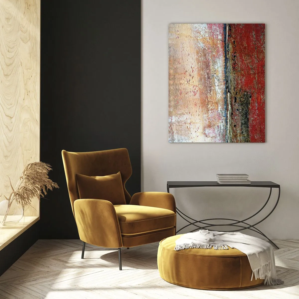 Quadro su vetro - Texture astratta nei toni del rosso e dell'ocra - 50x70cm - Forse è il mare - Decorazione murale moderna per soggiorno e camera da letto ARTTOR