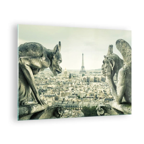 Quadro su vetro - Gargoyle su Parigi con vista sulla Torre Eiffel - 70x50cm - Chiacchierate parigine - Decorazione murale moderna per soggiorno e camera da letto ARTTOR