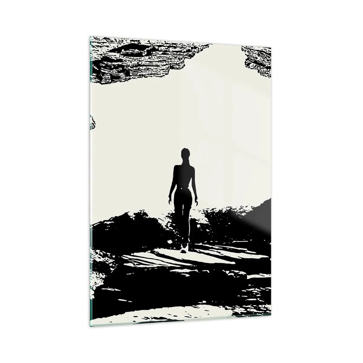 Quadro su vetro - Silhouette di una donna che emerge da una grotta in grafica in bianco e nero - 50x70cm - Un nuovo sguardo - Decorazione murale moderna per soggiorno e camera da letto ARTTOR