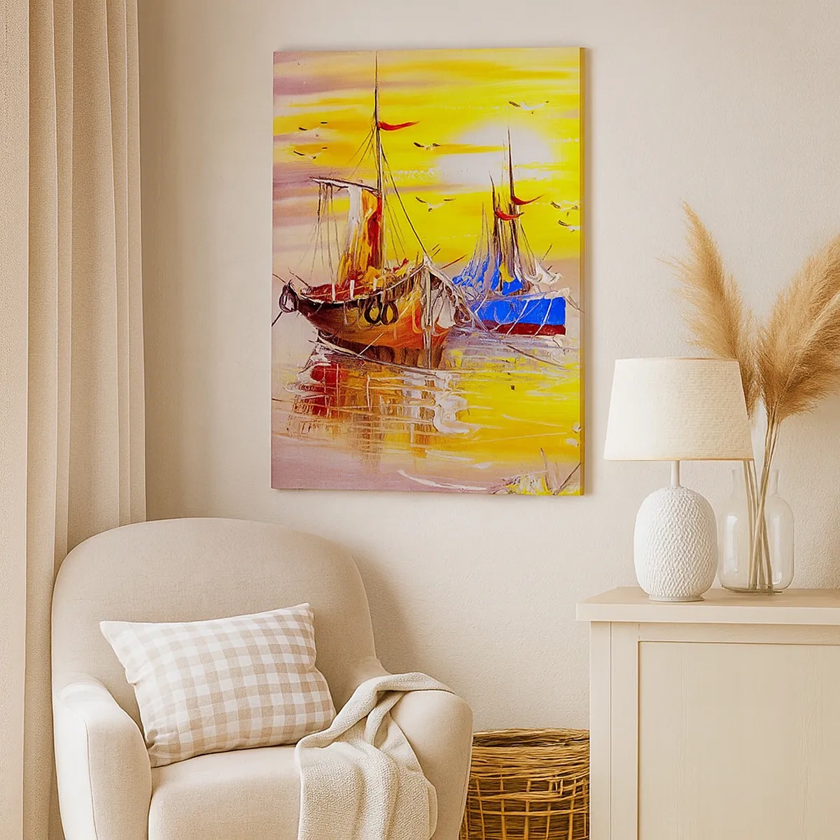 Quadro su tela - Stampe su Tela - Una scena pittorica di barche su un mare calmo - 50x70cm - Meritato riposo nel porto - Decorazione murale moderna per soggiorno e camera da letto ARTTOR