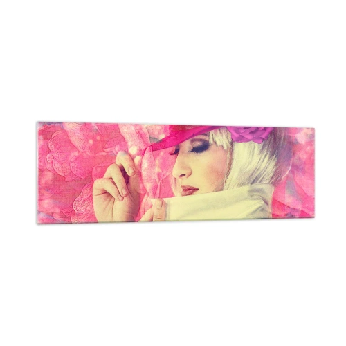 Quadro su vetro - Donna elegante con un cappello rosa con un fiore - 160x50cm - Ritratto retro nei vapori di rosa - Decorazione murale moderna per soggiorno e camera da letto ARTTOR