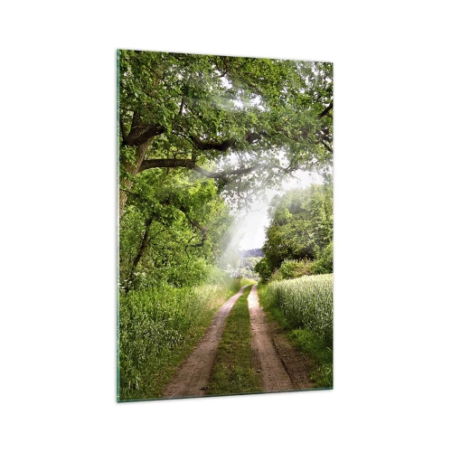 Quadro su vetro - Una strada sterrata tra alberi verdi e luce solare - 70x100cm - Et in Arcadia ego - Decorazione murale moderna per soggiorno e camera da letto ARTTOR
