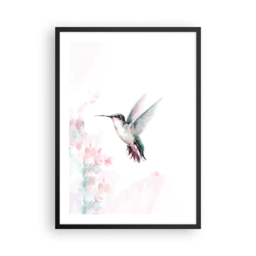 Poster in cornice nera - Colibrì in volo con uno sfondo floreale delicato - 50x70cm - Battito immobile - Decorazione murale moderna per soggiorno e camera da letto ARTTOR