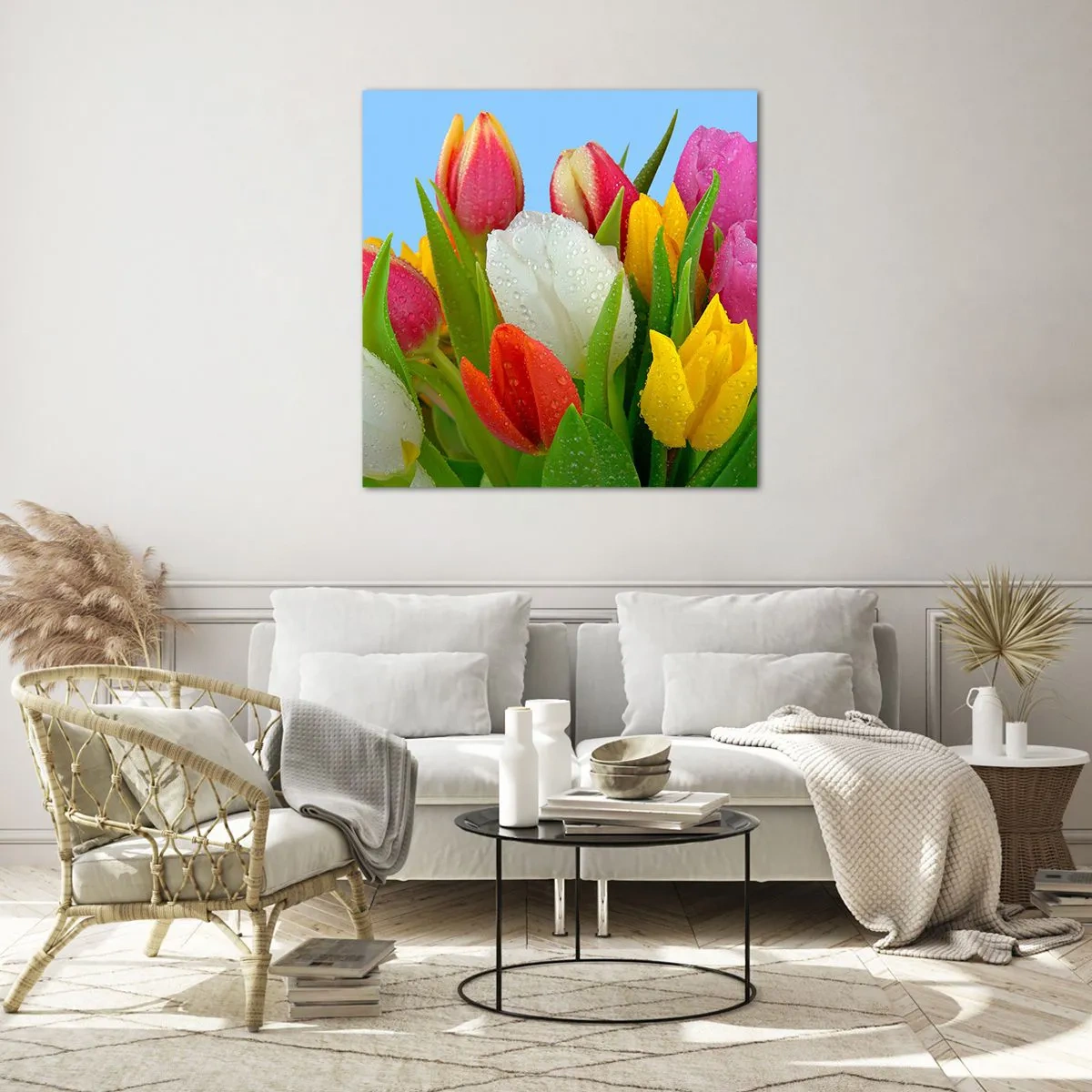 Quadro su vetro - Fiori multicolori nella rugiada - 60x60 cm