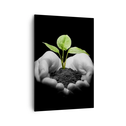 Quadro su tela - Stampe su Tela - Mani che tengono una pianta verde su uno sfondo nero - 70x100cm - Amo la natura, la proteggo - Decorazione murale moderna per soggiorno e camera da letto ARTTOR