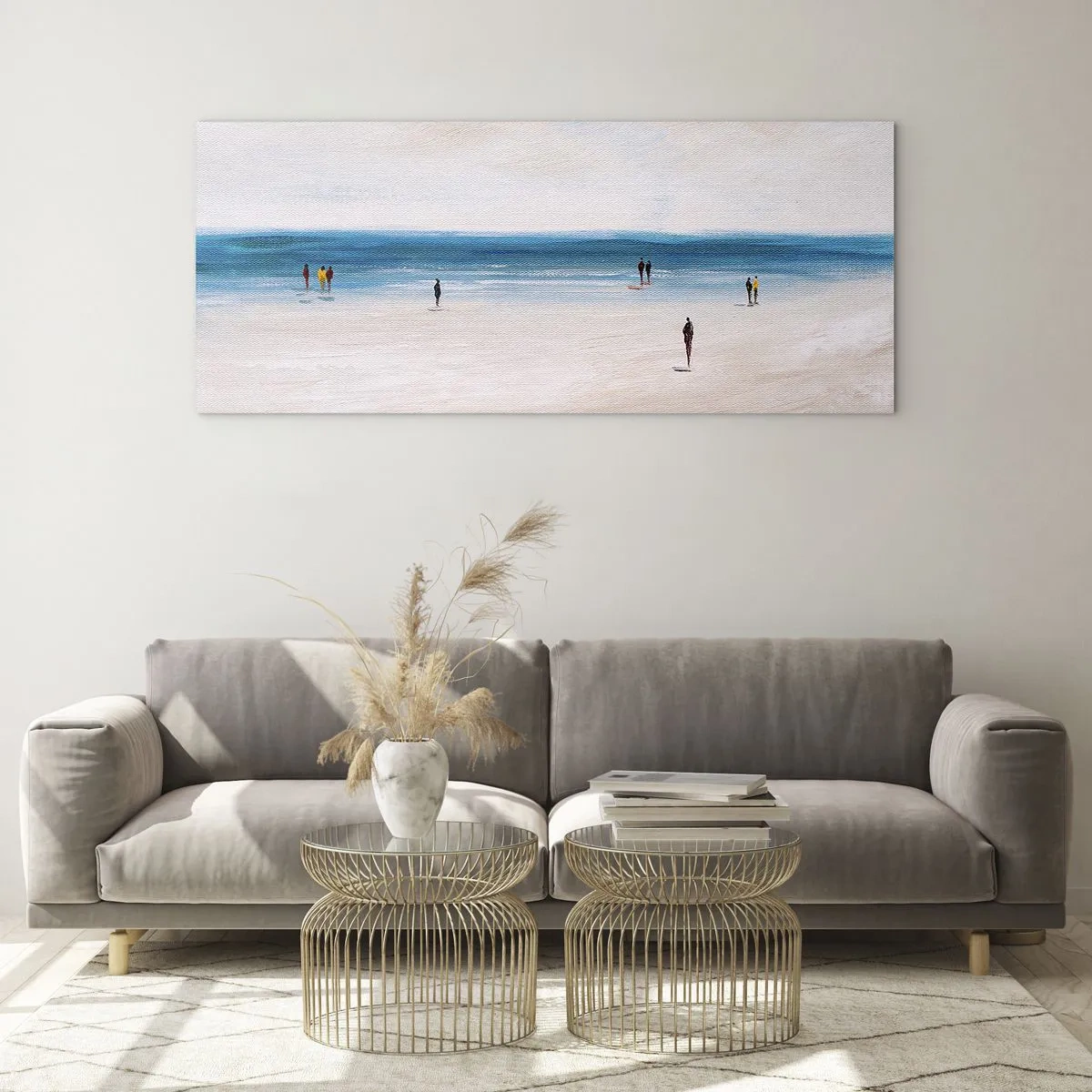 Quadro su vetro - Una spiaggia con persone sullo sfondo di un mare calmo - 160x50cm - Un bisogno naturale - Decorazione murale moderna per soggiorno e camera da letto ARTTOR