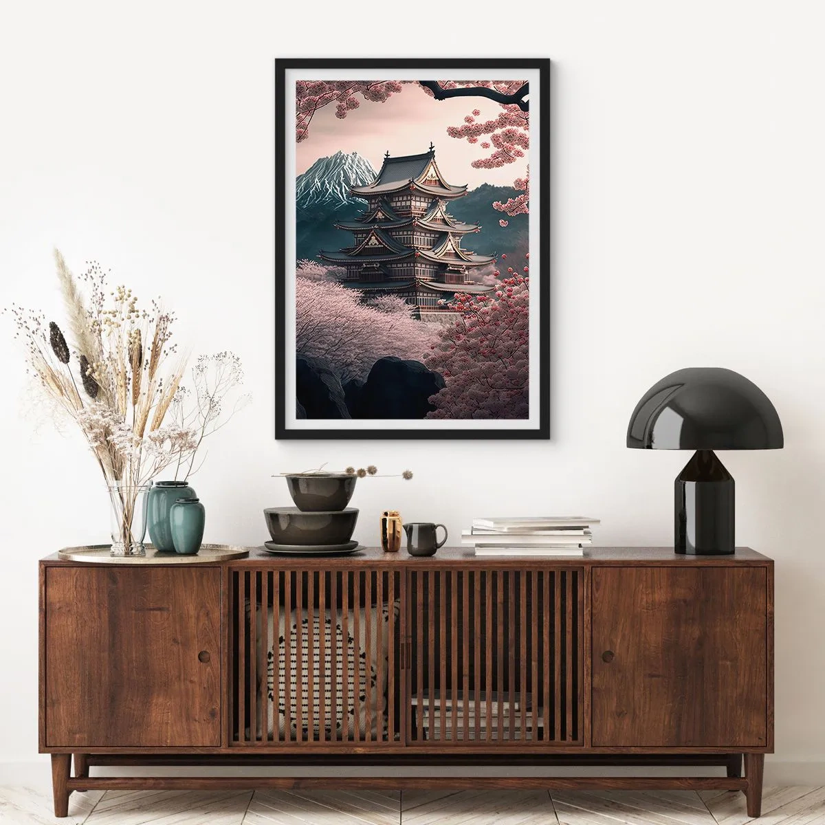Poster in cornice nera - Pagoda giapponese tra i fiori di ciliegio - 50x70cm - Il Paese dei ciliegi in fiore - Decorazione murale moderna per soggiorno e camera da letto ARTTOR
