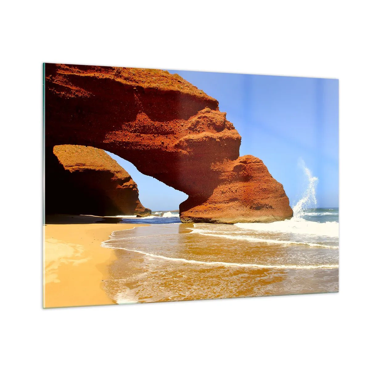 Quadro su vetro - Archi di roccia rossa sulla spiaggia e sull'oceano - 100x70cm - Migliaia di anni di acqua e vento - Decorazione murale moderna per soggiorno e camera da letto ARTTOR