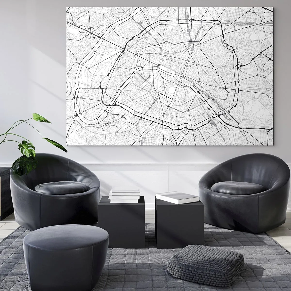 Quadro su vetro - Mappa della città in bianco e nero con griglia stradale e arterie circolari - 120x80cm - Il fiore di Parigi - Decorazione murale moderna per soggiorno e camera da letto ARTTOR