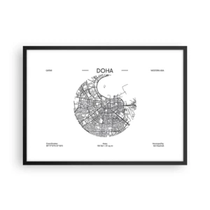 Poster in cornice nera - Una mappa minimalista di Doha in bianco e nero con dettagli precisi. - 70x50cm - Anatomia di Doha - Decorazione murale moderna per soggiorno e camera da letto ARTTOR