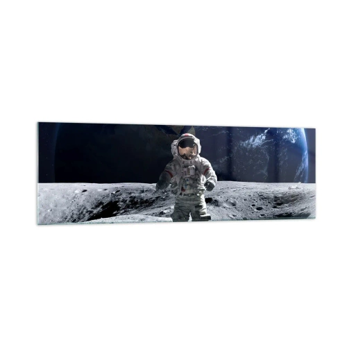 Quadro su vetro - Astronauta sulla superficie della Luna con la Terra sullo sfondo - 160x50cm - Saluti dalla luna - Decorazione murale moderna per soggiorno e camera da letto ARTTOR