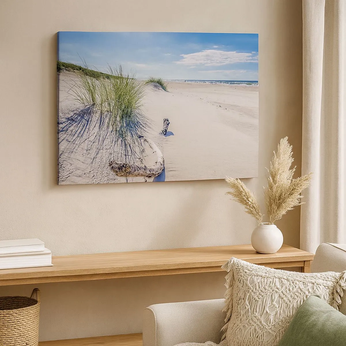 Quadro su tela - Stampe su Tela - Una spiaggia baltica con sabbia, erba e un cielo azzurro calmo - 70x50cm - La più bella? Quella del baltico - Decorazione murale moderna per soggiorno e camera da letto ARTTOR