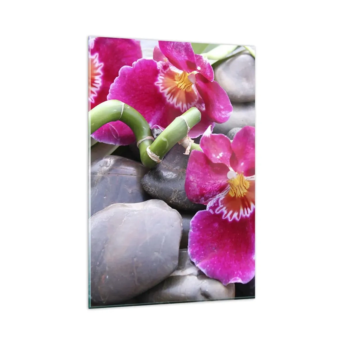 Quadro su vetro - Orchidee rosa su uno sfondo di pietre lisce - 80x120cm - Fresco e calore - Decorazione murale moderna per soggiorno e camera da letto ARTTOR