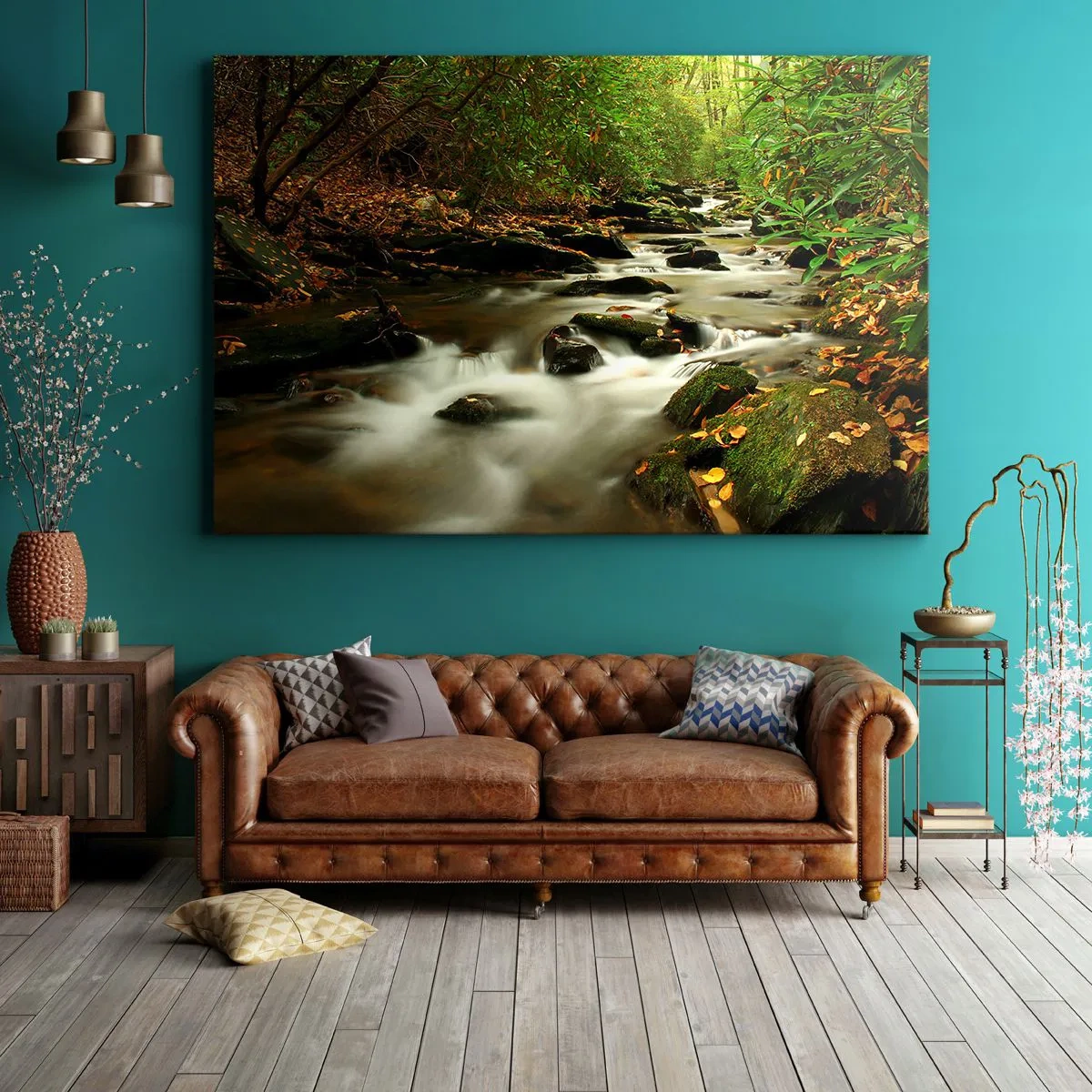 Quadro su tela - Stampe su Tela - Un ruscello nella foresta che scorre tra le pietre circondato dal verde - 100x70cm - Come argento liquido - Decorazione murale moderna per soggiorno e camera da letto ARTTOR